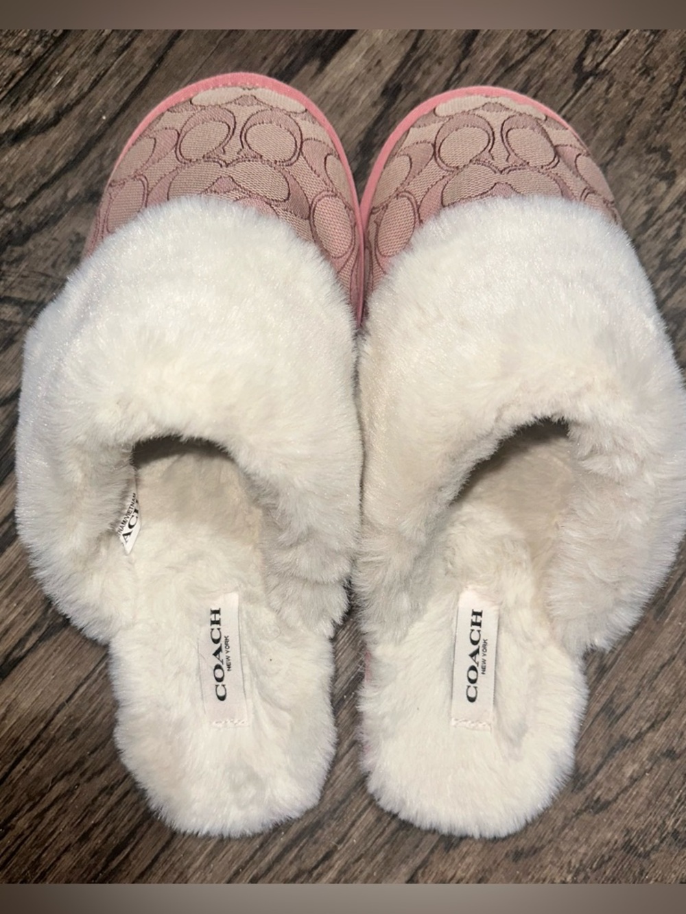 COACH Ziva Pink Signature Faux-Fur Slide Slippers with Cream Lining